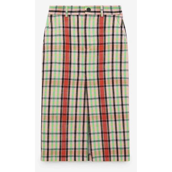 Zara EUC Structure Midi Tweed Checked Skirt Pencil Size S Pink Green - Picture 8 of 14